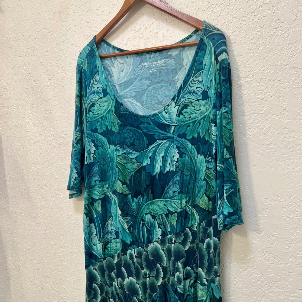Soft Surroundings Teal Green Botanical Leaf Print Maxi Dress Plus Size 2X - Picture 3 of 7